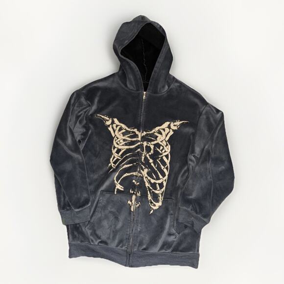 M & M Other - Velour Full Zip Skeleton Hoodie Gray Men’s Medium Gothic Y2K Grunge 19x25